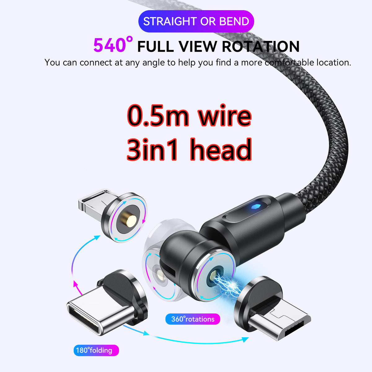540° Rotating LED Magnetic Fast Charging Cable - USB-C / Micro / iPhone