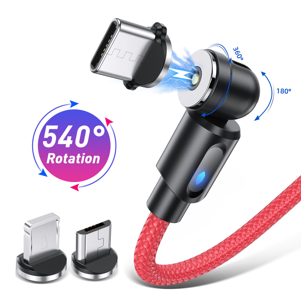 540° Rotating LED Magnetic Fast Charging Cable - USB-C / Micro / iPhone