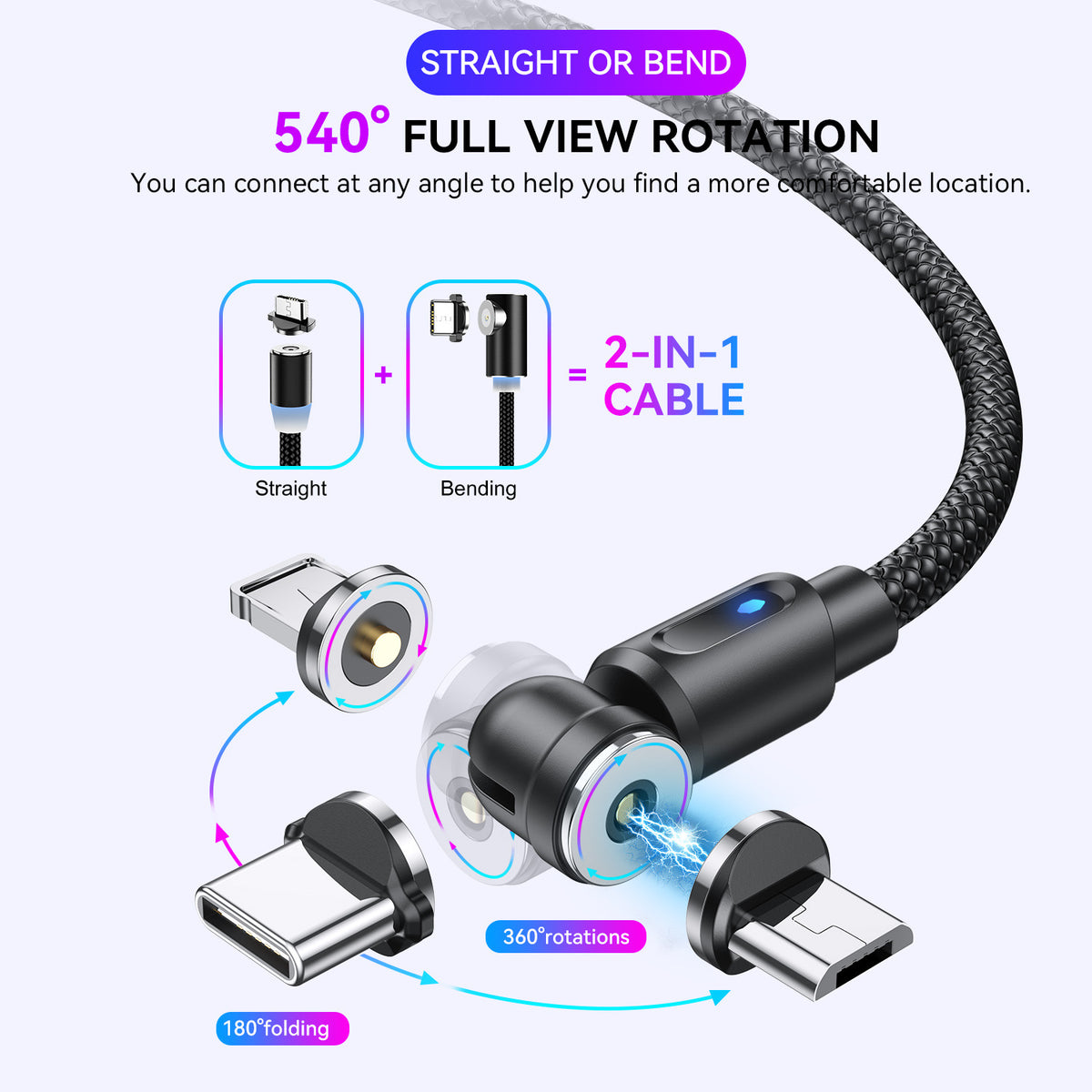 540° Rotating LED Magnetic Fast Charging Cable - USB-C / Micro / iPhone